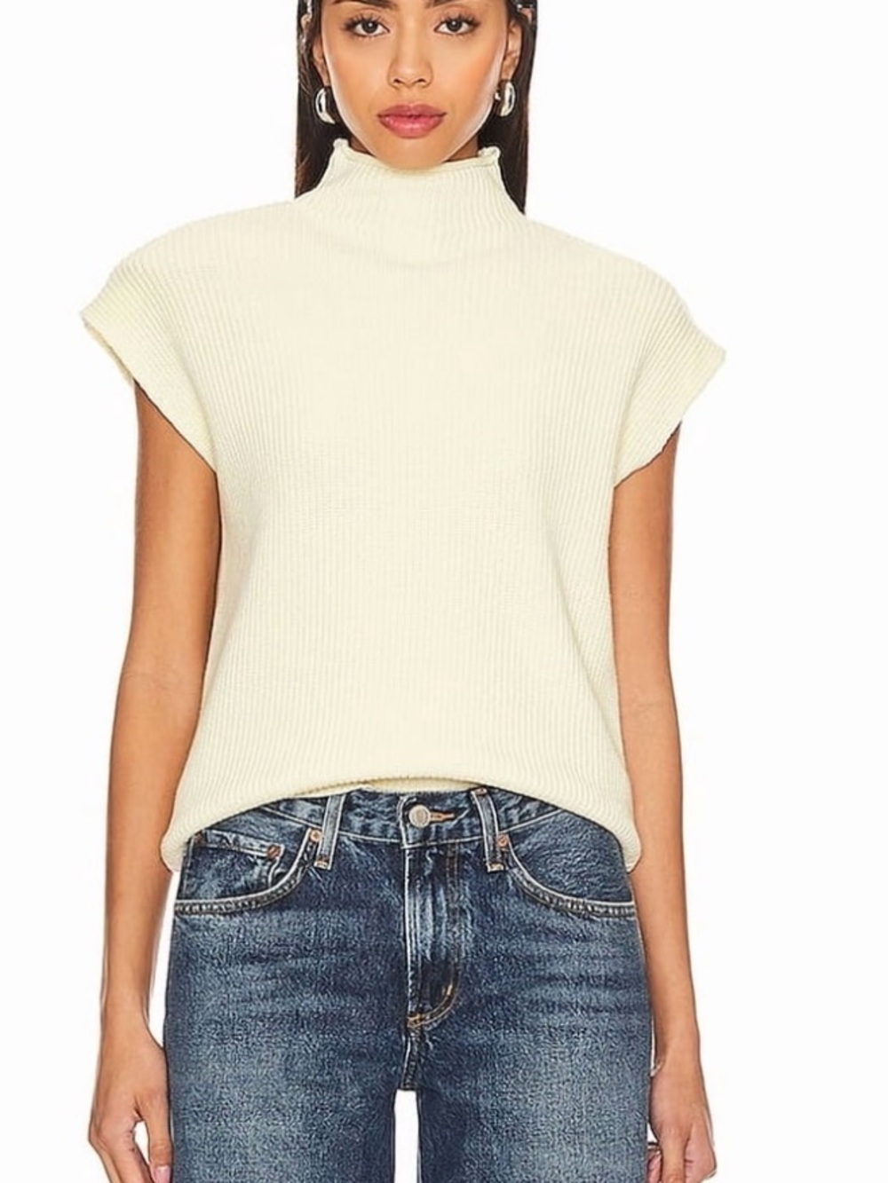 Free People Cream Rib-Knit Sleeveless Mock Neck Sweater